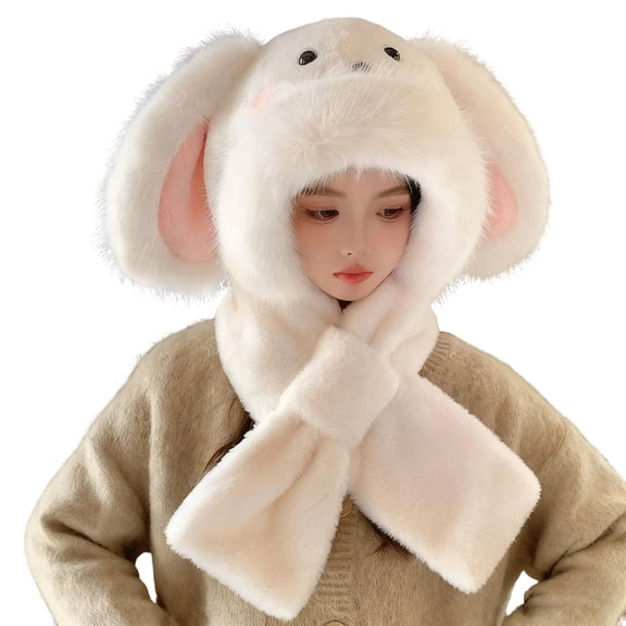 CUZIBR Winter Hat Set Plush Thermal Lovely Animal Pattern Character Skull Caps With Mask Scarf Earflap Soft Festival Fuzzy Cute Long Ears Hat,Light Gray2,One Size