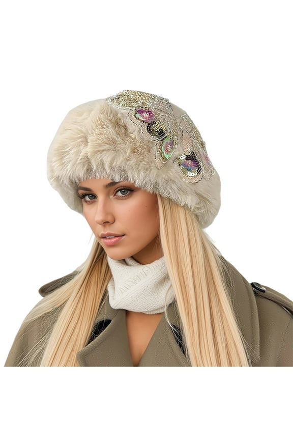 Winter Hat Set Women Fuzzy Plush Thick Thermal Skull Cap Sequins Flowers Cozy Soft Warm Bucket Outdoor Ear Cover Beanie Hats,Khaki,One Size
