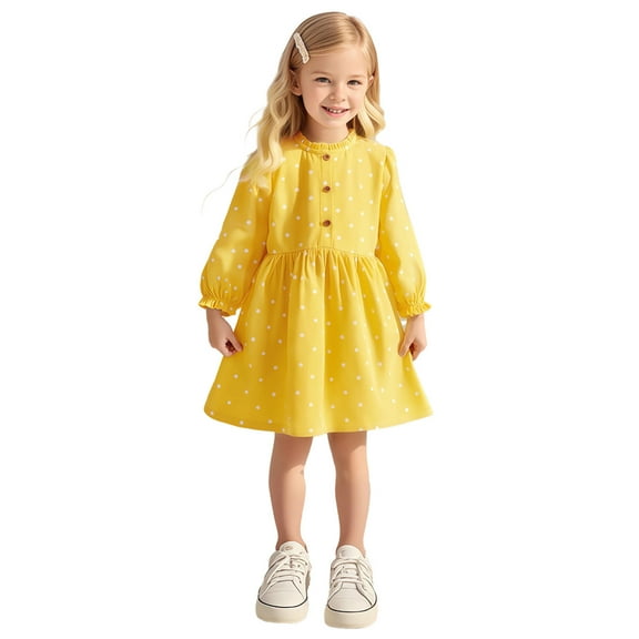CUZIBR Winter Outfits For Girls Boys Cute Corduroy Dress Thick Long Sleeve Button Cowl Neck Polka Dot Romper Ruffled High Waist Jumpsuit A-Line Comfortable Casual Dailywear,Yellow,7-8 Years