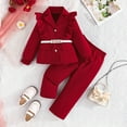 thumbnail image 1 of CUZIBR Winter Outfits For Girls Two Piece Elegant Suits Ruffled Long Sleeve Notched Collar Cute Bow Belt Button Jacket And Wide Leg Trousers Stylish Clothing Set,Red,6-7 Years, 1 of 6