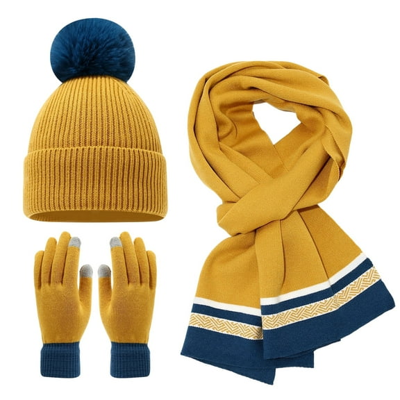 CUZIBR Winter Scarf Hat Set 3 Piece Knitted Hat Gloves Scarf Suit Thick Wool Color Block Scarves Knit Pom Pom Skull Caps Gloves Sets Thermal Skiing Outfits,Yellow,One Size