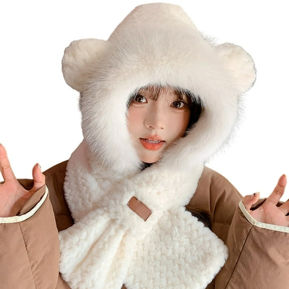 CUZIBR Winter Scarf Hat Set Plush Thermal Lovely Animal Pattern Character Skull Caps With Mask Scarf Earflap Soft Festival Fuzzy Cute Long Ears Hat,Light Gray2,One Size