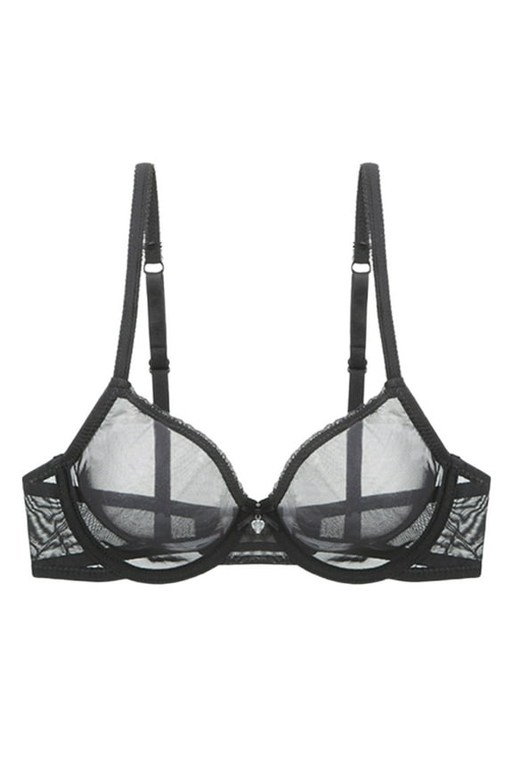 Wireless Bras For Women Mesh Lace Underwire Sheer Bras Solid Color Adjustable Spaghetti Strap Full Coverage Stylish Unlined See Through Lingerie Cozy Comfortable Bralette Dailywear,Black,L