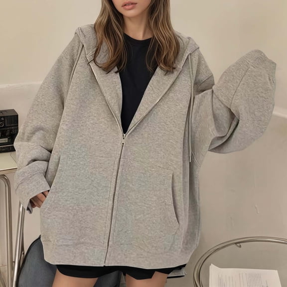 CUZIBR Women Autumn Jacket Oversized Hooded Long Sleeve Sweatshirt Loose Relaxed Fit Casual Cozy Wool Fashion Top Wilth Pocket Outerwear Coat,Grey,L