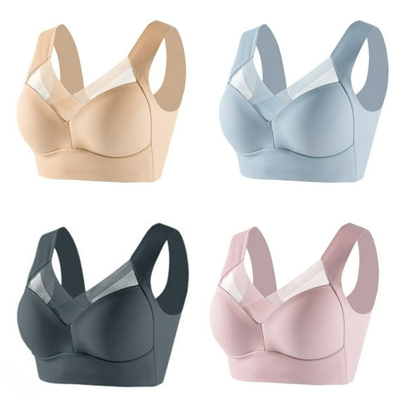 CUZIBR Women Bra 4Pc Seamless Wireless Lace Cross Front Underwear Thin Cup V-Neck Tank Top Cozy Lightweight Full Coverage Soft Tshirt Bras,Light Blue,XXXL