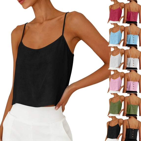 CUZIBR Women Cami Solid Color Spaghetti Strap Scoop Neck Loose Fit Crop Top Camisole Summer Sleeveless Tank Top Casual Blouse Lightweight Basic Beach Vacation Shirt,Black,XXL