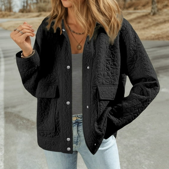 CUZIBR Women Casual Jacket Flower Quilted Plus Size Long Sleeve Breasted Lapel Double Solid Color Tops With Pocket Loose Fit Outwear,Black,L