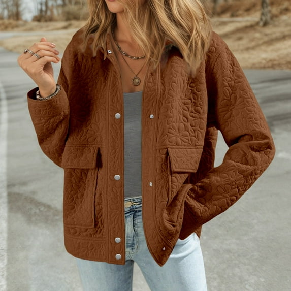 CUZIBR Women Casual Jacket Flower Quilted Plus Size Long Sleeve Breasted Lapel Double Solid Color Tops With Pocket Loose Fit Outwear,Brown,M