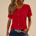 thumbnail image 1 of CUZIBR Women Casual Shirt Solid Color Short Sleeve Button Crewneck T Shirt Soft Basic Tee Stylish Spring Summer Comfort Fit Breathable Elegant Tops Jacquard Casual Top Blouse,Red,L, 1 of 4