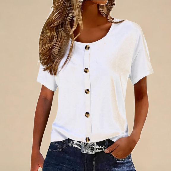 CUZIBR Women Casual Shirt Solid Color Short Sleeve Button Crewneck T Shirt Soft Basic Tee Stylish Spring Summer Comfort Fit Breathable Elegant Tops Jacquard Dailywear,White,S