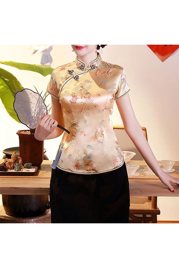 Women Cheongsam Shirt Floral Print Short Sleeve Mandarin Collar Button Down Slim Fit Traditional Blouse Fashionable Soft Breathable Lightweight Casual Party Dailywear,Gold,XXXXL