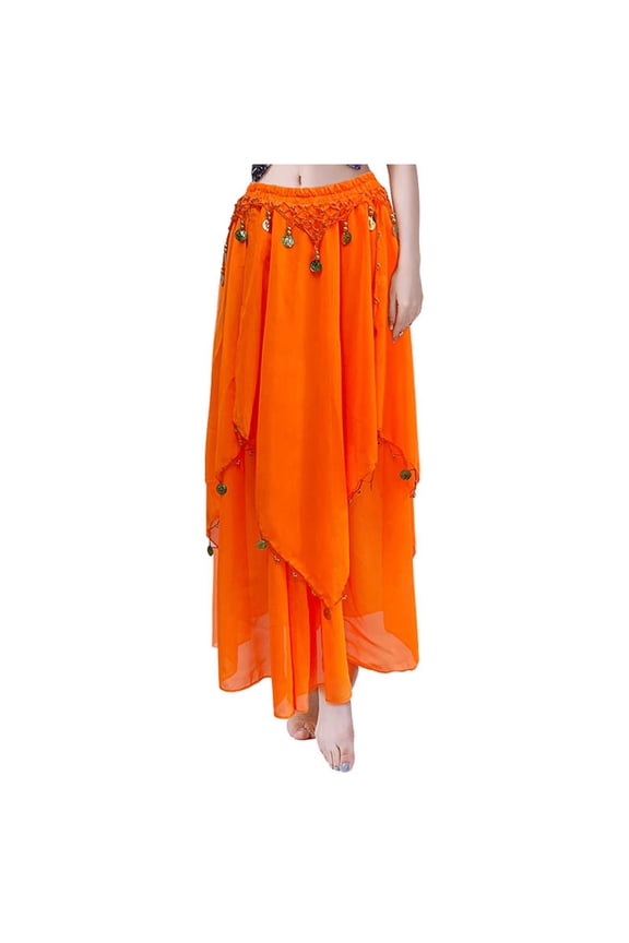 Women Chiffon Belly Dance Skirt Solid Color High Waist Sequins| Dance Half Skirt Irregular Mesh Stage Performance Flowing A Line Dancewear Stylish Skirts,Orange,A
