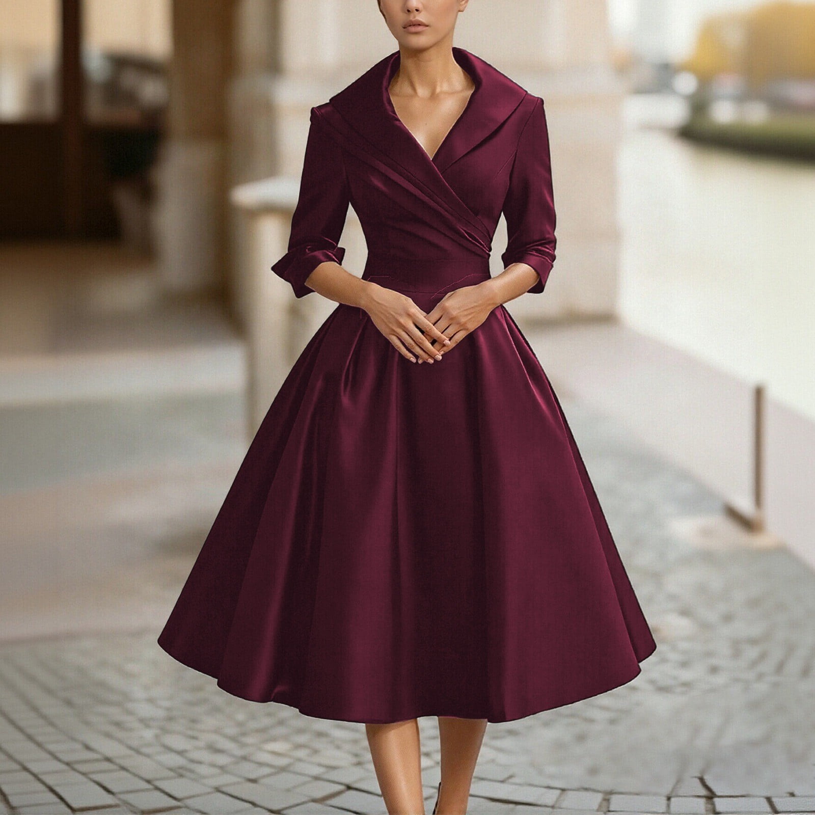Womens Dresses High Collar V Neck Dress Elegant Notched Collar Vintage Long Sleeve Chic Slim A- Womens Dresses High Collar V Neck Dress Elegant Notched Collar Vintage Long Sleeve Chic Slim A-