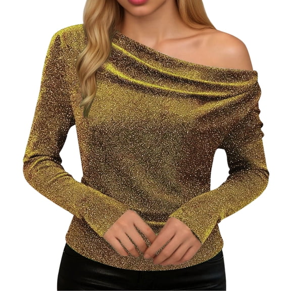 CUZIBR Women Elegant Sequin Blouse Top Tops Cowl Neck Long Sleeve Ruffles Slim Fit T-Shirt Glitter Sparkly Party Festive Tee For Elegant Evening Vacation Trendy,Gold,XXL