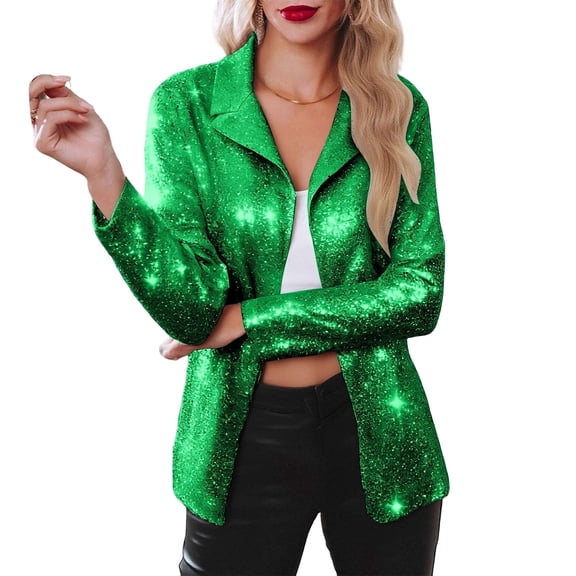 CUZIBR Women Elegant Tops Solid Sparkly Sequin Glitter Long Sleeve Leather Cardigan Notched Collar Slim Fit Lightweight Party Elegant Evening Jacket Vacation Trendy,Green,M