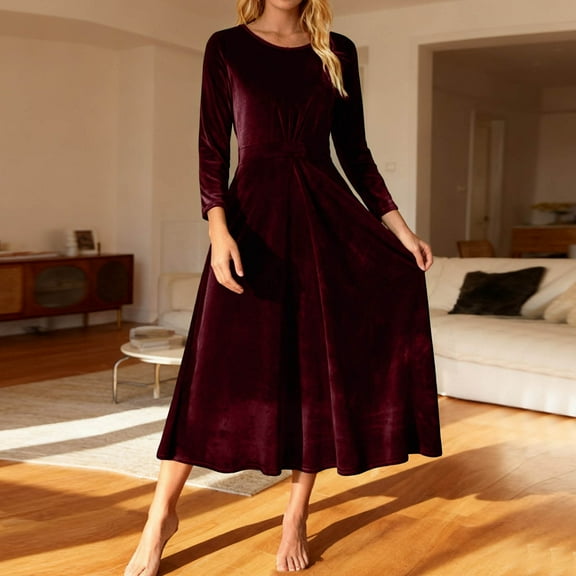 CUZIBR Women Elegant Velvet Dresses High Waist Solid Color Long Sleeve Crewneck Pleated Dress Cozy Fashionable Formal Evening Gown Party Wear,Wine,M