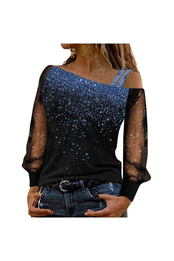 Women Fashion Sequin Tops One Shoulder Long Sleeve Mesh Stylish Solid Color Spliced Blouse Party Sparkly Tees Dailywear,BU1,L