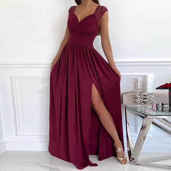 CUZIBR Women Formal Party Dress Lace Sleeveless Solid Color Deep V-Neck Full Length Spring Summer Splicing Casual High Split Ruffles Ruched Wedding Party Gowns,RD2,S