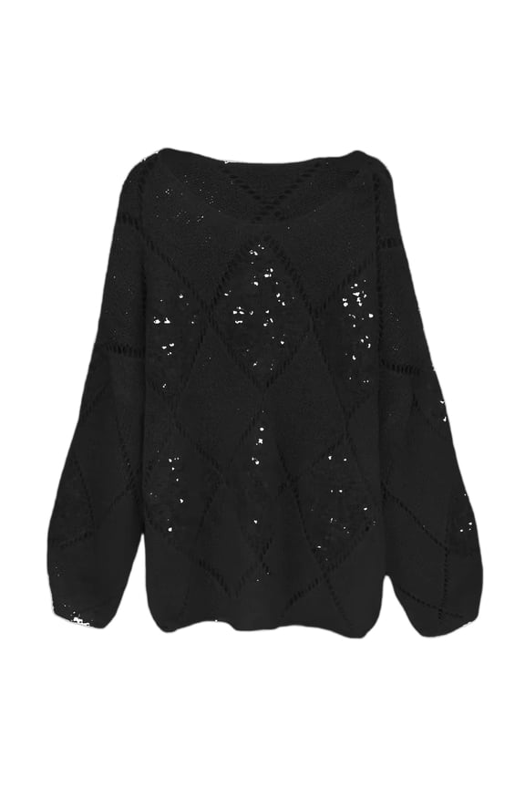 Women Glitter Top Patchwork Lattice Knit Sweater Round Neck Sparkly Hollow Out Long Sleeve Pullover Top Comfortable Loose Relaxed Oversized Casual Tunic Shirt Dailywear,Black,M