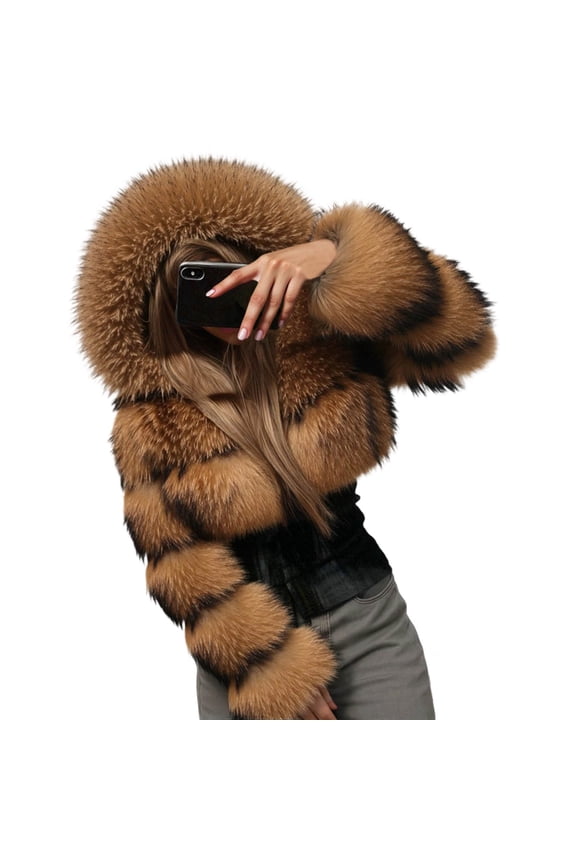 Women Jacket Winter Warm Thickened Crop Coat Hooded Long Sleeve Fuzzy Short Tops Outerwear Winter Warmth Comfort Streetwear,Brown,L