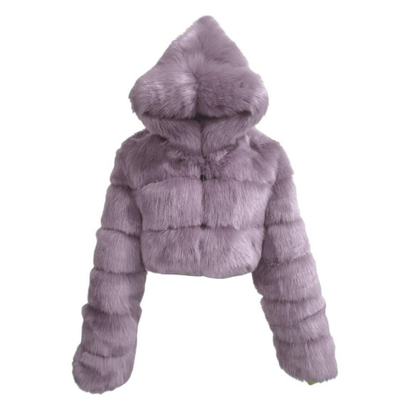 CUZIBR Women Jacket Winter Warm Thickened Crop Coat Hooded Long Sleeve Fuzzy Short Tops Outerwear Winter Warmth Comfort Streetwear,Light Purple,L