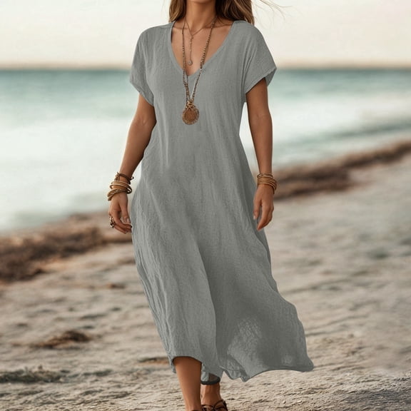 CUZIBR Women Long Dress Short Sleeve V Neck Linen Solid Color Loose Casual Dress For Women Comfortable Breathable Boho Ruffle Stylish Flowy Long Dresses,Grey,XXXXXL