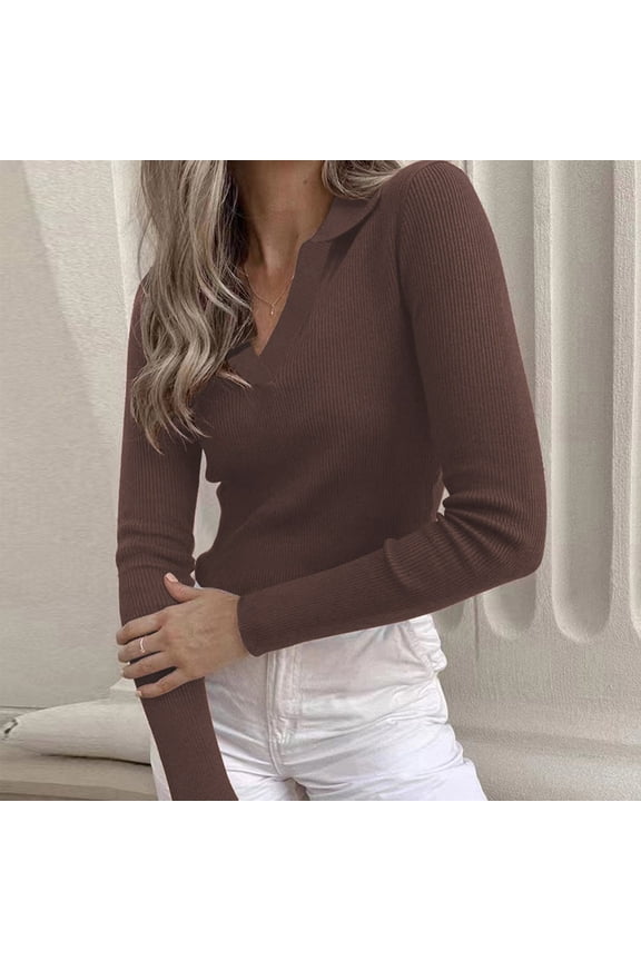 Women Long Sleeve Shirts Deep V-Neck Elegan Tight Ribbed Knit Pullover Sweater Soft Turtleneck Top Slim Fit Casual Winter Blouse Cozy Stretch Thermal Undershirt Workout Clothes,Brown,M