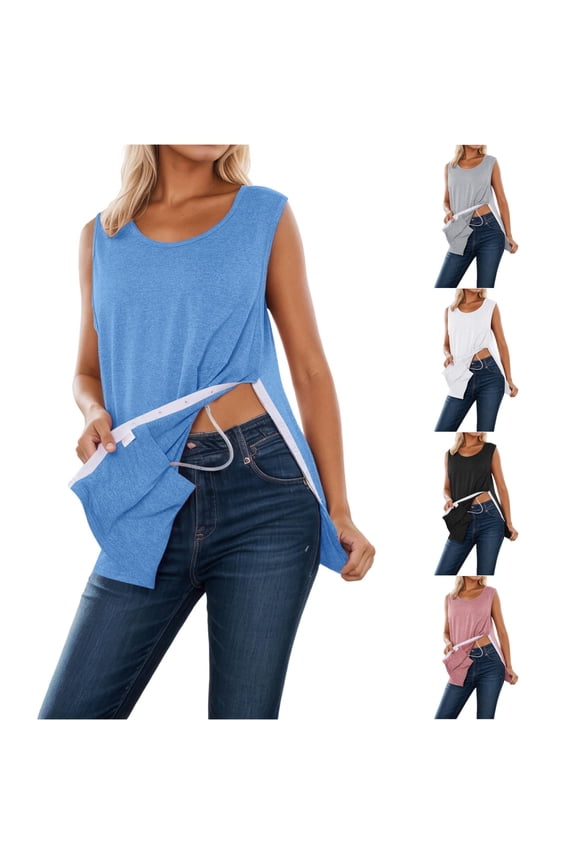 Women Post Surgery Shirts Solid Color Button Side High Split Sleeveless Crewneck Breathable Lightweight Stretchy Casual Loose Fit Oversized Stylish Tank Tops,Blue,L
