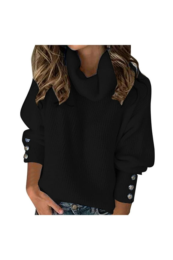 Women Pullover Sweater Long Lantern Sleeve Loose Fit Oversized Casual Knitted Thick Warm Turtleneck Solid Color Fashionable Cozy Thermal Winter Top Business Casual Outfits,Black,M