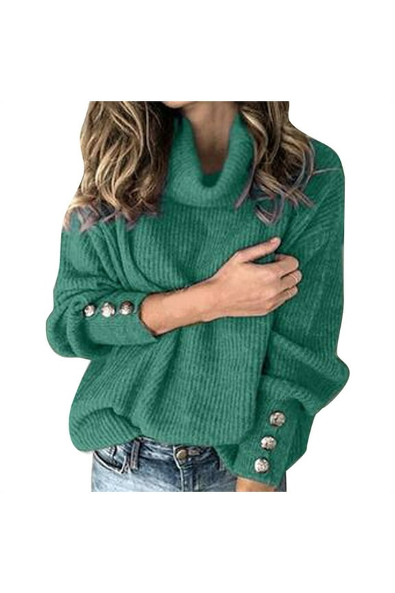 Women Pullover Sweater Long Lantern Sleeve Loose Fit Oversized Casual Knitted Thick Warm Turtleneck Solid Color Fashionable Cozy Thermal Winter Top Business Casual Outfits,Green,Xl