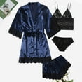 thumbnail image 1 of CUZIBR Women'S 4 Piece Lace Satin Nightgown Set Strap Tank Top Brief Shorts Long Sleeve Dress With Belt Outfits Lace Trim Trendy Sofy Cozy Cami Nightwear,Navy,M, 1 of 3