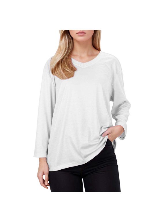 Women'S Casual Shirts Long Sleeve Loose Fit Relaxed Solid Color V Neck Pullover Basic Oversized Breathable Spring Classic Comfy Tees Tops Comfy T-Shirts Dailywear,White,M