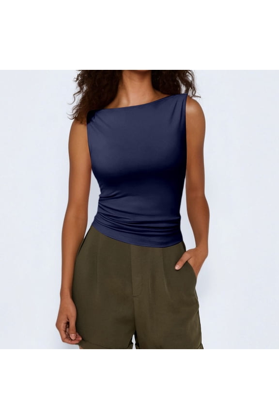 Women'S Casual Tank Top Solid Color Boat Neck Fashion Slim Fit Ruched Breathable Summer Casual Sleeveless Tube Camisole Trendy Clothes Vacation Outfits,Blue,L