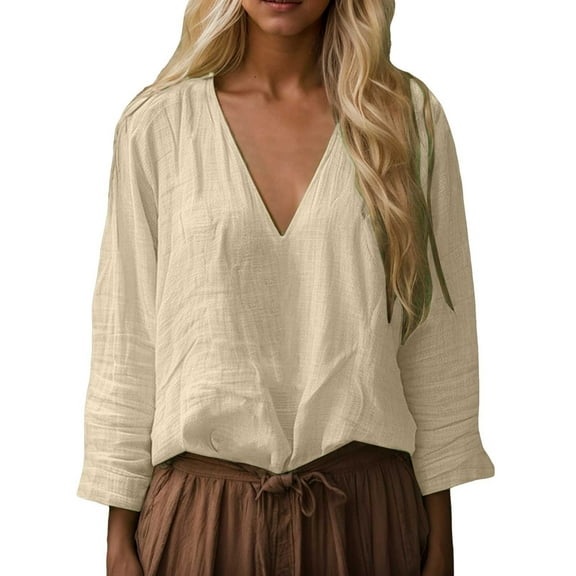 CUZIBR Women'S Cotton Linen Shirtr V Neck Solid Color Casual Loose Fit Long Sleeve Oversized Breathable Fashionable Relaxed Dailywear,Khaki,M
