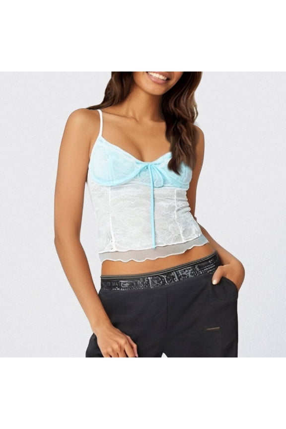 Women'S Fashion Lace Tank Top Camisoles Sleeveless Spaghetti Strap V-Neck Slim Fit Crop Tops Fashionable Solid Color Breathable Vest Summer Vintage Backless Shirts Basic Workout Clothes,Blue,L