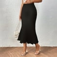 thumbnail image 1 of CUZIBR Women'S Fishtail Midi Skirt Solid Color Midi Length Rib Knit Ruched Elastic Waist Ruffle Hem Slim Fit Cozy Stylish Casual Long Stretch Bodycon Skirts,Black,L, 1 of 7