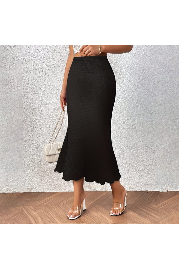 Women'S Fishtail Midi Skirt Solid Color Midi Length Rib Knit Ruched Elastic Waist Ruffle Hem Slim Fit Cozy Stylish Casual Long Stretch Bodycon Skirts,Black,L