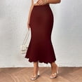 thumbnail image 1 of CUZIBR Women'S Fishtail Midi Skirt Solid Color Midi Length Rib Knit Ruched Elastic Waist Ruffle Hem Slim Fit Cozy Stylish Casual Long Stretch Bodycon Skirts,Red,S, 1 of 3