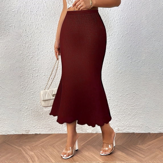 CUZIBR Women'S Fishtail Midi Skirt Solid Color Midi Length Rib Knit Ruched Elastic Waist Ruffle Hem Slim Fit Cozy Stylish Casual Long Stretch Bodycon Skirts,Red,S