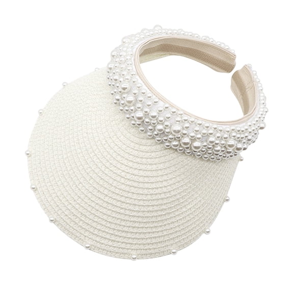 CUZIBR Women'S Golf Hats Solid Colro Visor Straw Hat Summer Fashionable Breathable Pearl Version Golf Cap Soft Lightweight Summer Uv Protection Beach Outdoor Headwear,White,One Size