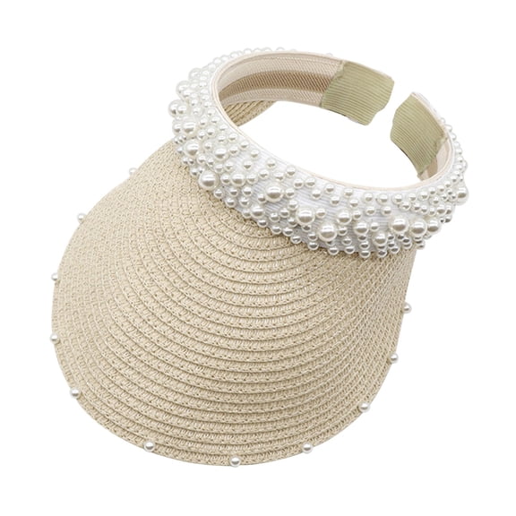 CUZIBR Women'S Golf Hats Solid Colro Visor Straw Hat Summer Fashionable Breathable Pearl Version Golf Cap Soft Lightweight Summer Uv Protection Beach Outdoor Headwear,Beige,One Size