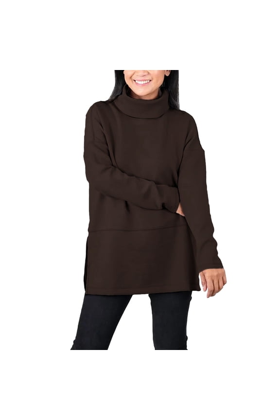 Women'S Long Sleeve Blouse Loose Fit Casual Solid Color Sweatshirt Turtleneck Long Tops Split Hem Tunic Pullover Lightweight Comfy Oversized Spring Work Spring Tee,Brown,L