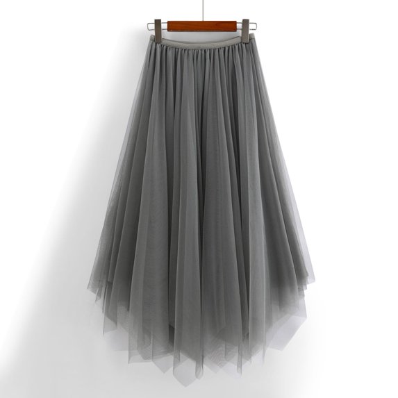 CUZIBR Women'S Midi Skirt Gradient Colot High Waisted Ruffled Tiered Mesh Pleated A Line Elegant Flowy Long Tulle Skirt Cocktail Party Wedding Guest Dailywear,Grey,One Size