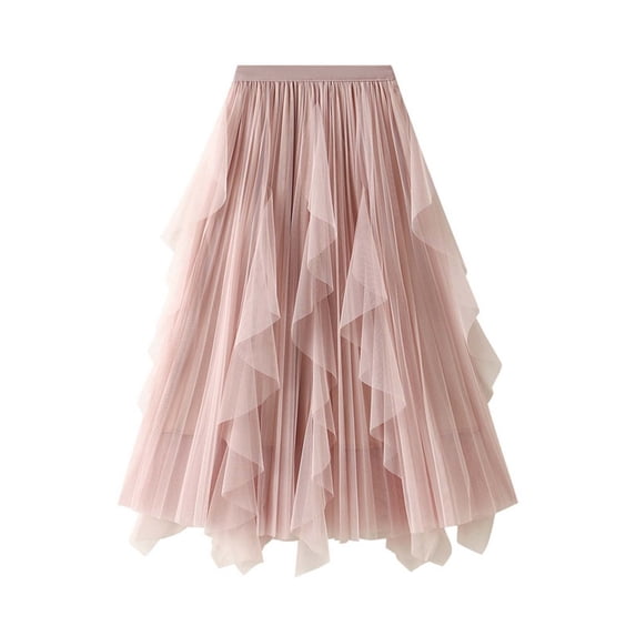 CUZIBR Women'S Midi Skirt Solid Colot High Waisted Ruffled Tiered Mesh Pleated A Line Elegant Flowy Long Tulle Skirt Party Wedding Guest Dailywear,Pink,One Size