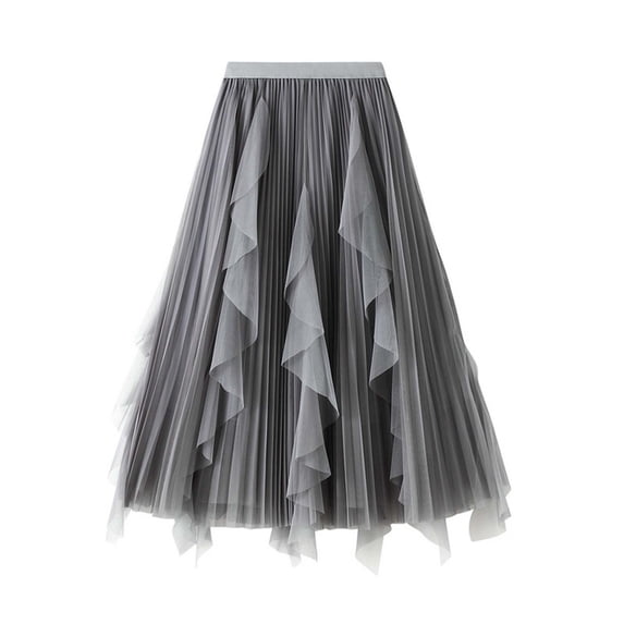 CUZIBR Women'S Midi Skirt Solid Colot High Waisted Ruffled Tiered Mesh Pleated A Line Elegant Flowy Long Tulle Skirt Party Wedding Guest Dailywear,Grey,One Size