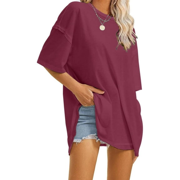 CUZIBR Women'S Oversized Sublimation T Shirt Casual Short Sleeve Loose Round Neck Top Comfy Relaxed Fashion Plus Tops Tee,Red,L