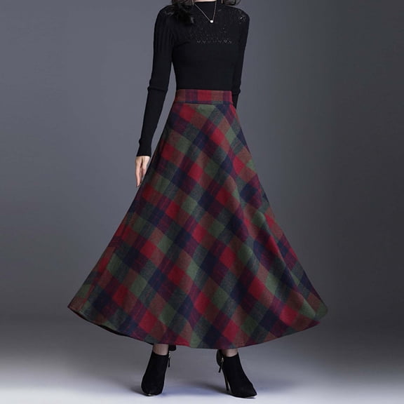 CUZIBR Women'S Plaid Long Skirts High Waisted A Line Flared Pleated Trendy Flowy Winter Warm Casual Vintage Classic Stylish Dailywear,Green,M