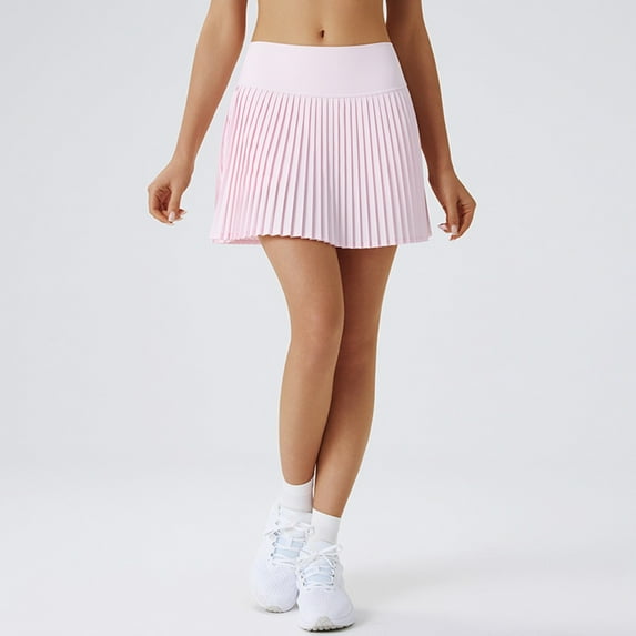 CUZIBR Women'S Pleated Tennis Skirt Solid Color High Waist Sports School Uniform Skirts Stylish A-Line Skater Skirts With Lining Shorts Athletic Skort ,Pink,XL