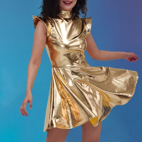 CUZIBR Women'S Sequin Dress Leather Fly Sleeveless Solid Solid Color Turtleneck High Waist Ruched Pleated A-Line Stylish Cool Motorcycle Dresses,Gold,S