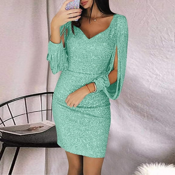 CUZIBR Women'S Sequin Mini Dresses Slim Fit V-Neck Fringed Long Sleeve Glitter Shiny Sparkling Cold Shoulder Bodycon Dress Party Club A Line Skater Dresses,Mint Green,XXL